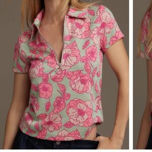 Anthropologie Maeve Short Sleeve Jacquard Floral Shirt